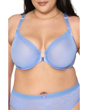 Curvy Couture Sheer Mesh Front Clasp Racerback Underwire Bra - Blue