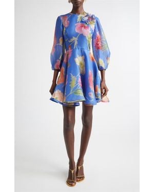 Carolina Herrera Poppy Print Floral Puff Sleeve Silk Organza Minidress - Blue
