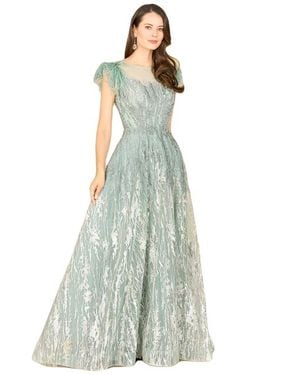LARA New York Lace Ballgown With Feather Cap Sleeves - Green