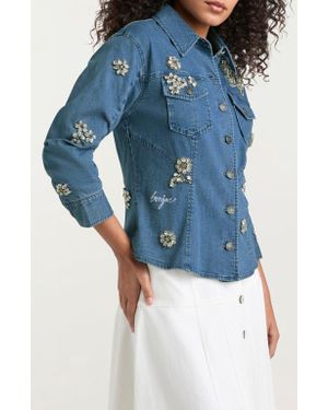 Cinq À Sept Flower Crystal Stretch Denim Shirt - Blue