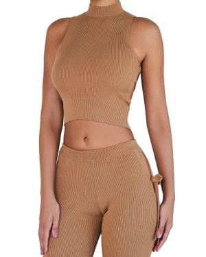 Mistress Rocks Sleeveless Ribbed Cutout Crop Top - Brown
