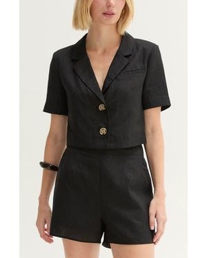 Crescent Cropped Linen Blend Blazer - Black