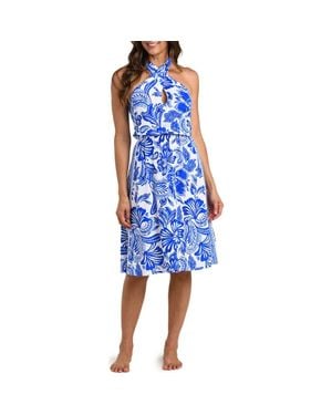 La Blanca Botanical Brocade Fit & Flare Halter Dress - Blue