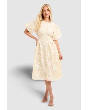 Wallis Petite Floral Puff Sleeve Midi Dress - Natural