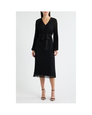 Sam Edelman Pleated Long Sleeve Chiffon Midi Dress - Black