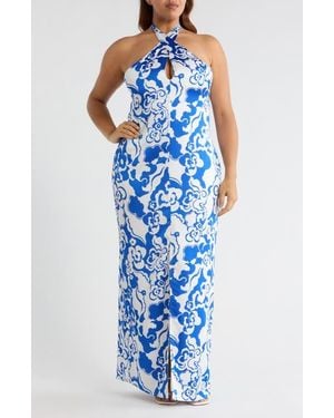 Sugarlips Helsinki Floral Tilda Satin Halter Maxi Dress - Blue