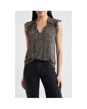 Loveappella Animal Print Ruffle Trim Split Neck Top - Black