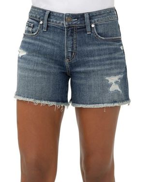Silver Jeans Co. Suki Curvy Frayed Mid Rise Denim Shorts - Blue