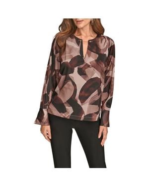 Donna Karan Abstract Print Chain Detail Long Sleeve Top - Brown