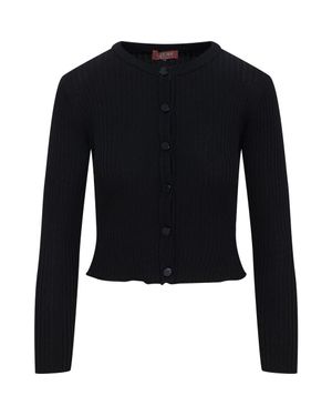 QEW Wide Rib Cropped Button Front Knit Cardigan - Black