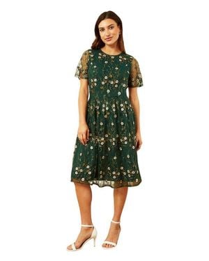 Yumi' Embroidered Floral Skater Dress - Green