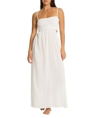 Sea Level Smocked Bodice Cotton Seersucker Cover-Up Dress - White