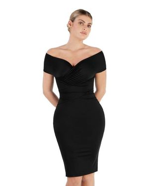 Popilush Shapewear Ruched Off-Shoulder Sculpting Midi Dress - Black