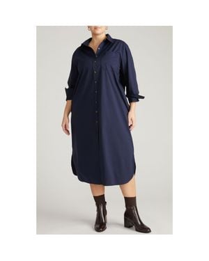 UNIVERSAL STANDARD Odeon Long Sleeve Stretch Poplin Midi Shirtdress - Blue