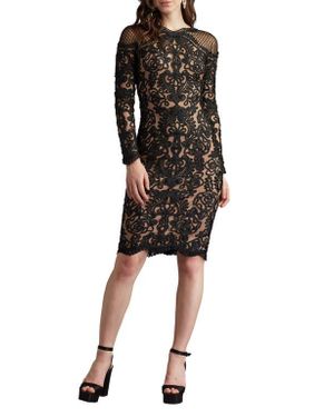 pintuck lace inset cocktail dress tadashi shoji Tadashi Shoji Lace Tea-Length Dress