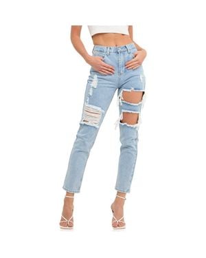 Grey Lab Cutout Ripped High Waist Slim Straight Leg Jeans - Blue