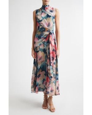 Lela Rose Abstract Floral Draped Chiffon A-Line Midi Dress - Red