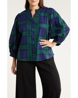 Sugarlips Ima Harrisville Plaid Button-Up Cotton Shirt - Blue