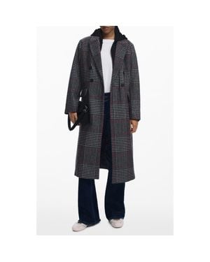 Desigual Tartan Plaid Overcoat With Removable Hood Inset - Black