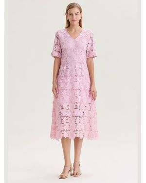 Misook Lined Floral Lace Applique Woven Midi Dress - Pink