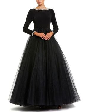 Mac Duggal Petite Embellished Jersey Long Sleeve Ballgown With Tulle Skirt - Black