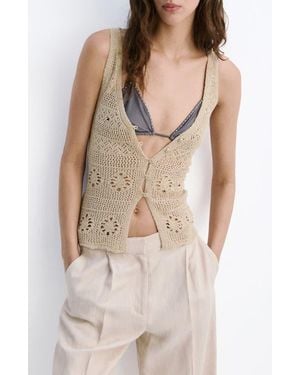 Mango Crocheted Button Front Vest - Natural