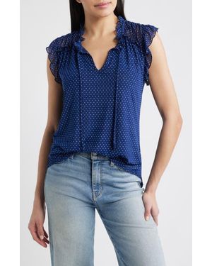 Loveappella Polka Dot Ruffle Trim Split Neck Top - Blue