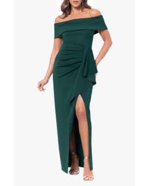 Xscape Evenings Side Ruffle Off The Shoulder Scuba Knit Gown - Green