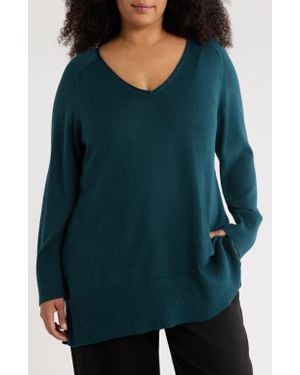 Eileen Fisher V-Neck Organic Cotton Blend Sweater - Blue