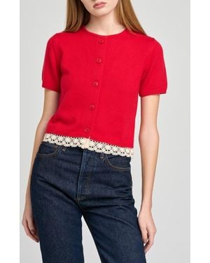 Wayf Carine Lace Trim Button Front Cardigan - Red
