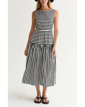 Crescent Cotton Blend Gathered Stripe Midi Dress - Multicolor