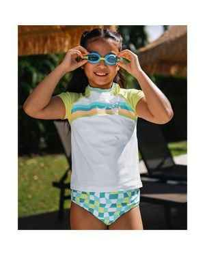 Lands' End Girls Chlorine Resistant Short Sleeve Rash Guard 3 Piece Swimsuit Set - Green