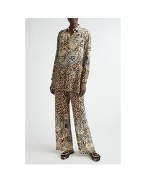 Etro Paisley & Leopard Print Silk Tunic Button-Up Shirt - Natural