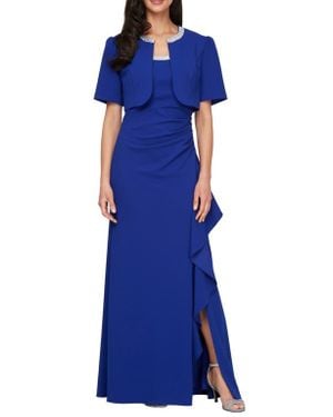 Alex Evenings Bead Detail Stretch Crepe Gown With Bolero Jacket - Blue