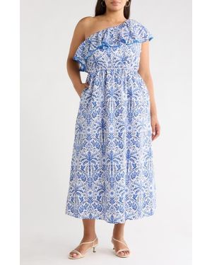 Sugarlips Romina Tropical Suraya One-Shoulder Cotton Midi Dress - Blue