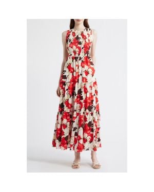 Anne Klein Smocked Bodice Sleeveless Flared Maxi Dress