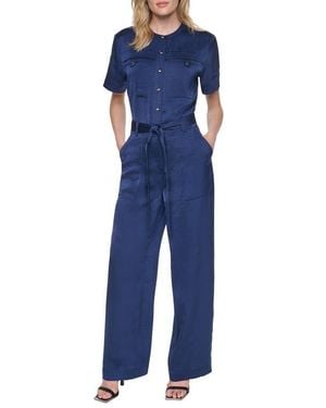 DKNY Tie Waist Satin Utility Jumpsuit - Blue