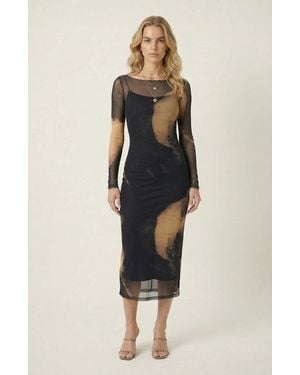 Modenaire Mesh Overlay Layered Set Midi Dress - Natural