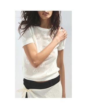 Mango Floral Crochet Short Sleeve Sweater - White