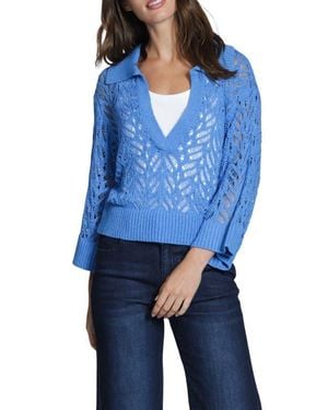 Apny Leafy Open Knit Polo Sweater - Blue