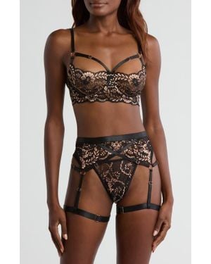 Coquette Strappy Underwire Bra, Thong & Garter Belt Set - Brown