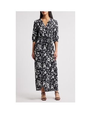 Connected Apparel Puff Sleeve Faux Wrap Maxi Dress - Black
