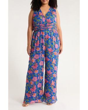 Sugarlips Wendey Metallic Stripe Floral Sleeveless Jumpsuit - Blue