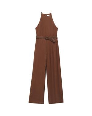 Mango Texture Sleeveless Wide Leg Jumpsuit - Brown