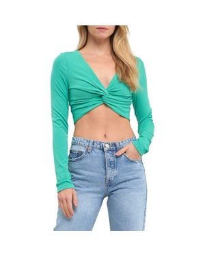 Grey Lab Front Twist Long Sleeve Knit Crop Top - Blue