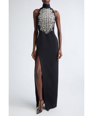Balmain Beaded Croc Embellished Slit Gown - Black