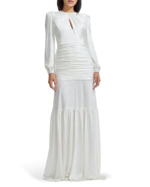Dress the Population Lucille Pleated Ruched Long Sleeve Gown - Gray