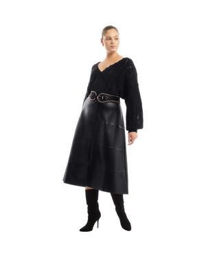 June + Vie Scallop Trim Wrap Sweater - Black