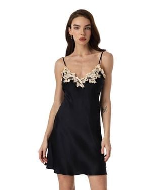 SILKSILKY Mulberry Silk V-Back Lace Nightgown Slip Dress - Black