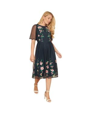 Yumi' Embroidered Mesh Sleeve Prom Dress - Blue